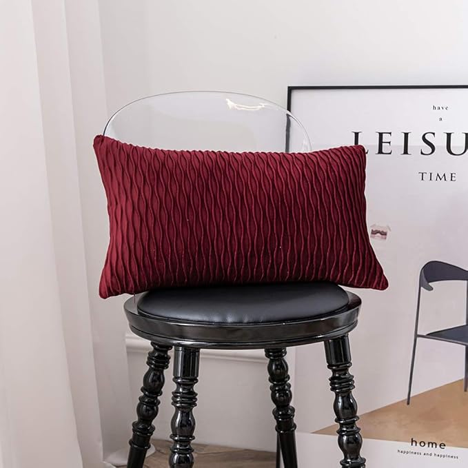 Burgundy Throw Pillow Covers: 2 Pack 12x20 Inch Original Striped Velvet Rectangular Decorative Pillow Cases for Farmhouse Couch