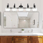 5-Lights Black Bathroom Vanity Light Fixtures Over Mirror, Modern Vanity Wall Sconce Lighting with Globe Seeded Glass Lampshades for Bedroom Kitchen Hallway