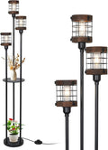 Airposta Vintage Floor Lamp with Shelves, Farmhouse Wood Floor Lamps for Living Room, Black Standing Lamp for Bedroom, Industrial Floor Lamp with Table, Rustic Tall Lamp for Office Corner Home Décor