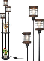 Airposta Vintage Floor Lamp with Shelves, Farmhouse Wood Floor Lamps for Living Room, Black Standing Lamp for Bedroom, Industrial Floor Lamp with Table, Rustic Tall Lamp for Office Corner Home Décor