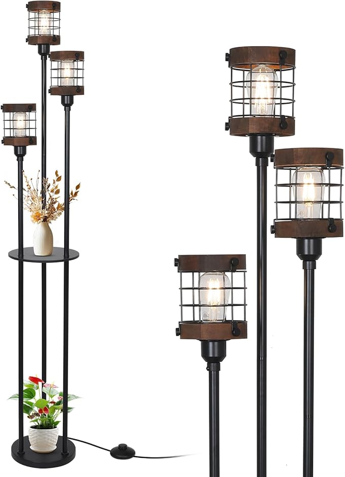 Airposta Vintage Floor Lamp with Shelves, Farmhouse Wood Floor Lamps for Living Room, Black Standing Lamp for Bedroom, Industrial Floor Lamp with Table, Rustic Tall Lamp for Office Corner Home Décor