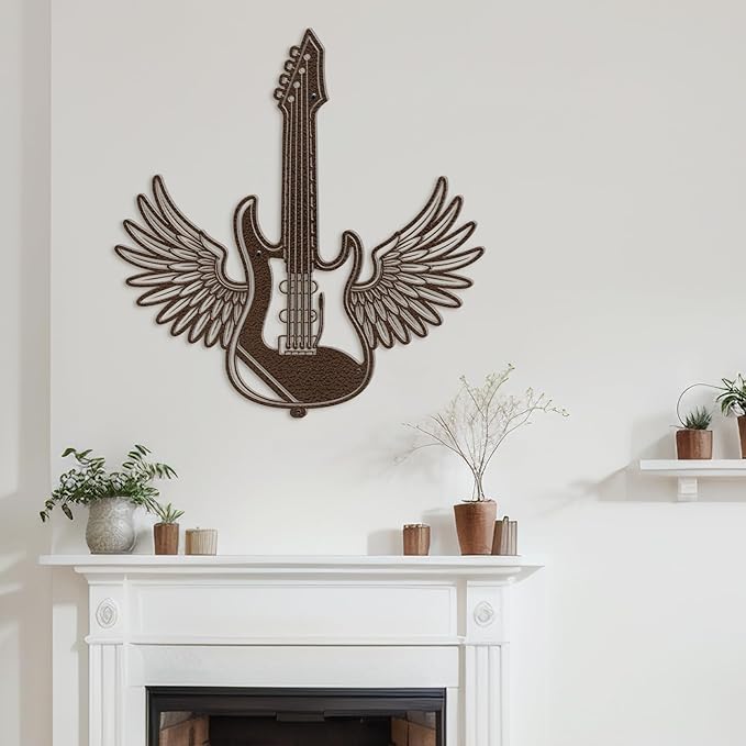SIGNLEADER Metal Wall Art Decor - Electric Guitar with Wing Minimalist Modern Abstract Wall Sculpture Hanging Home Decoration for Living Room, Bedroom, Bathroom, Kitchen, Studio, Outdoor - 36" Bronze
