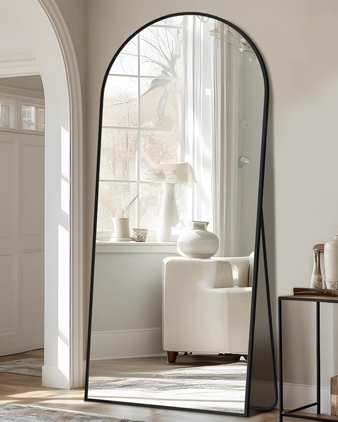 Full Length Mirror, 58"x21" Oversized Floor Mirror Freestanding, Full Body Mirror Floor Standing Mirrors with Stand, Hanging Mounted Mirrors for Bedroom Living Room, Black, Arched Style