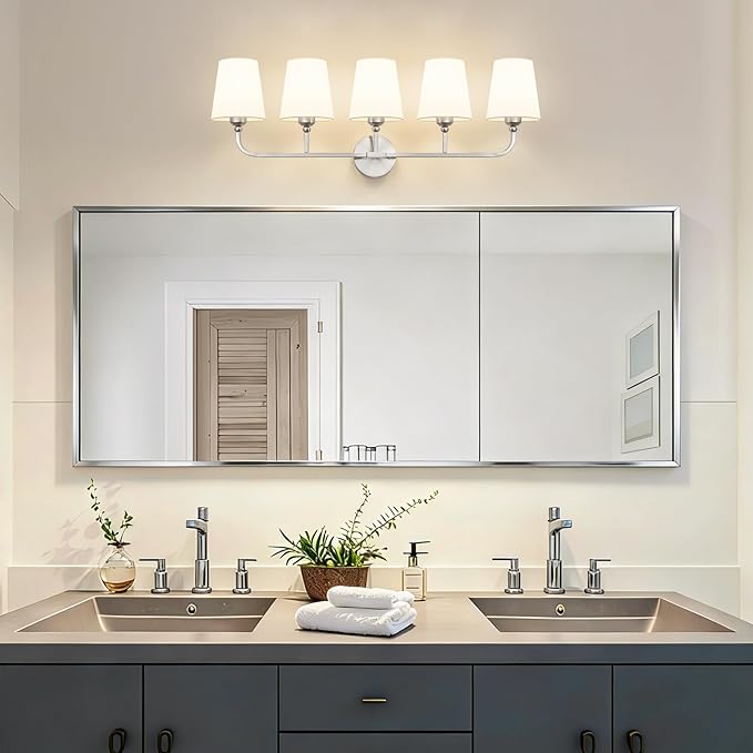 Kvhilw Bathroom Vanity Light, Brushed Nickel Bathroom Light Fixtures, 5-Light Lighting Fixtures Over Miror, Modern Wall Sconce with Flared White Fabric Shade, E26 Socket(ETL Listed)