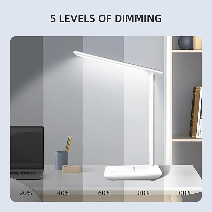 LED Desk Lamp, Dimmable Table Lamp, LED Table Lamp with 5 Colours and 5 Brightness Levels, Reading Light with USB Charging Port, Touch Control for Children, Bedroom, Reading, Offices