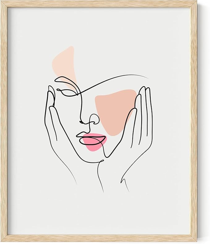 Aesthetic Face Wall Art Hands on Cheeks Continuous Line Drawing Abstract Pink Shapes 16x20 Inch Oak Wood Beige Framed Modern Portrait for Bedroom Vanity