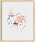Aesthetic Face Wall Art Hands on Cheeks Continuous Line Drawing Abstract Pink Shapes 16x20 Inch Oak Wood Beige Framed Modern Portrait for Bedroom Vanity
