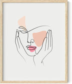 Aesthetic Face Wall Art Hands on Cheeks Continuous Line Drawing Abstract Pink Shapes 16x20 Inch Oak Wood Beige Framed Modern Portrait for Bedroom Vanity