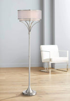 Possini Euro Design Candice Modern Standing Floor Lamp 64" Tall Brushed Nickel Dual Silver Organza White Linen Fabric Drum Shade Decor for Living Room Reading House Bedroom Home