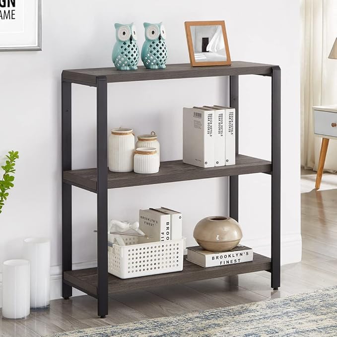 EXCEFUR Bookshelf and Bookcase, 3 Tier Vintage Shelf for Office, Rustic Wood and Metal Book Shelves, Grey
