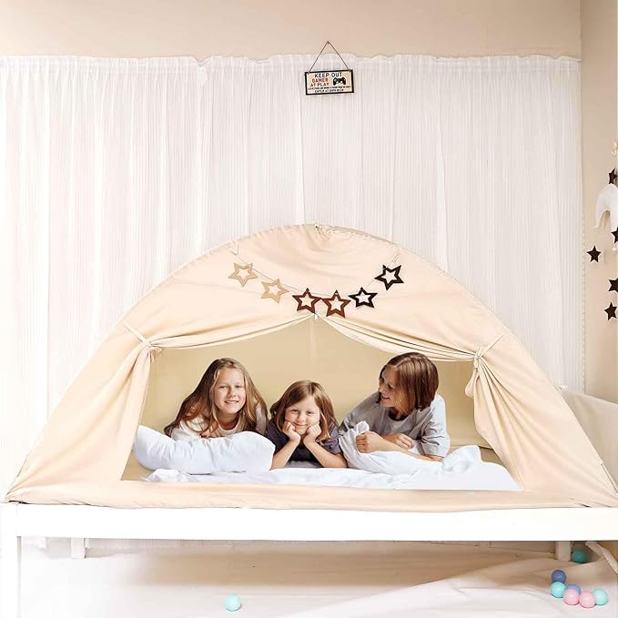 Bed Tent for Kid Twin Size Bed Canopy,Breathable Privacy Space Sleeping Drafty Room Dream Tents Indoor Play Tent Kid Sleep Tent（Beige,Twin）
