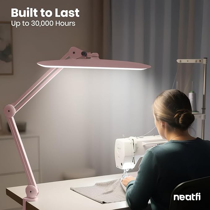 Neatfi XL Nail Desk Lamp with Clamp, 2200 Lumens, 20-Inch Wide Head, Dimmable 4 Levels, 6500K, LED Task Light for Manicure Table, Crafts, Workbench, Office (Non-CCT, Rose Gold)
