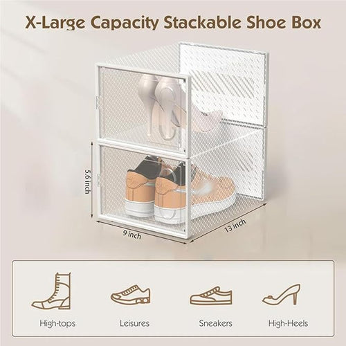 12 Packs Clear Plastic Shoebox With Magnetic Door, Large(13" × 9" × 5.6") Stackable Shoe Box Storage With Lids, Multifunctional Sneaker Containers, Toy Storage, Space-Saving Shoe Rack White