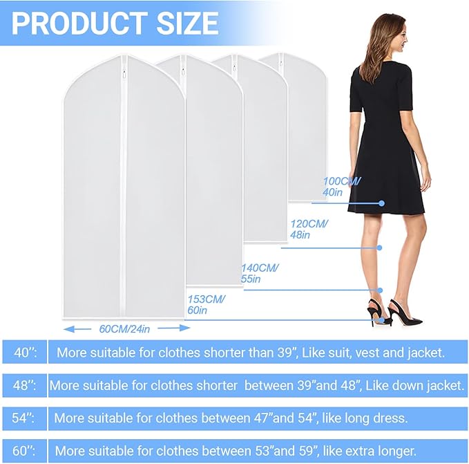 Garment Bag Covers (24''X55'' Set of 12) Lightweight White PEVA Breathable Bags with Study Full Zipper for Coat Protector Travel Laundry Wardrobe Closet
