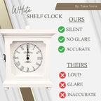 Tasse Verre White Clock for Shelf Table Or Desk 9"x7" - Farmhouse Decor Wood Mechanical Quiet Silent - Office, Bedroom Fireplace Mantel Living Family Room. AA Battery Operated Non-Digital