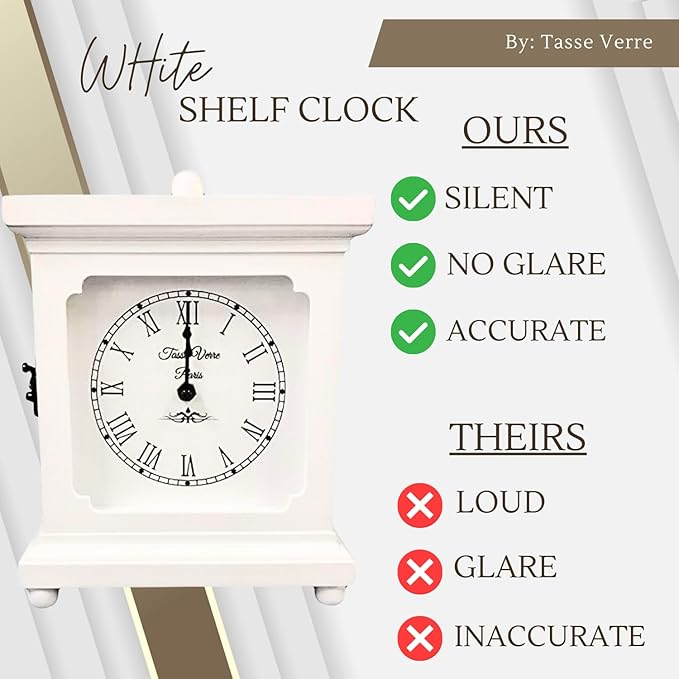 Tasse Verre White Clock for Shelf Table Or Desk 9"x7" - Farmhouse Decor Wood Mechanical Quiet Silent - Office, Bedroom Fireplace Mantel Living Family Room. AA Battery Operated Non-Digital