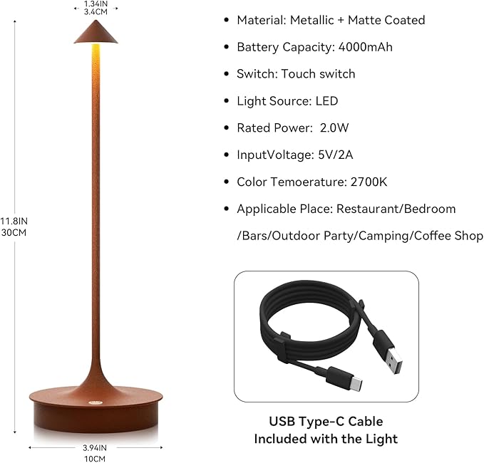 Set of 2 Small Cordless Table Lamp Rechargeable, Battery Operated Desk Lamp, 4000mAh LED Touch Lamp, Dimmable Portable Outdoor Waterproof Wireless Table Light for Restaurants/Bars/Outdoor(Brown)