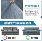H.VERSAILTEX Sofa Cover 4 Piece T Cushion Sofa Slipcovers Thick Velvet Couch Cover Furniture Protector Stretch Sofa Covers for 3 Cushion Couch with 3 Individual Covers Washable, Stone Blue