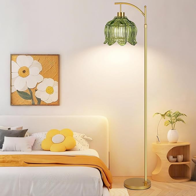 Glass Floor Lamp for Living Room,Bedroom,Gold Dimmable Standing Lamp with Remote,Mid Century Modern Brass Tall Lamp Boho Vintage Floor Lamps Arc Green Tulip Flower Floor Light Lamp Bohemian