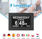 7 Inch Extra Large Day Date Time Digital Day Calendar Clock with Auto-Dimming 12 Alarm Reminders Dementia Clocks for Senior Elderly impaired Vision Memory Loss