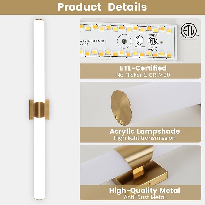Modern Wall Sconce 38.2 Inch Gold Bathroom Sconces Led Wall Lights with Acrylic Shade Hardwired Long Vanity Lighting Fixtures Over Mirror for Bedroom Living Room Hallway