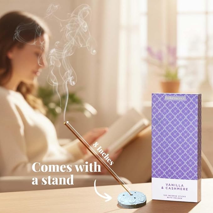 Folkulture Incense Sticks | Set of 120 Insence-Sticks with Holder for Relaxation | Vanilla & Cashmere Incense| Organic, Slow Burning & Non Toxic Inscents | Luxe Sweet Fragrances for Meditation
