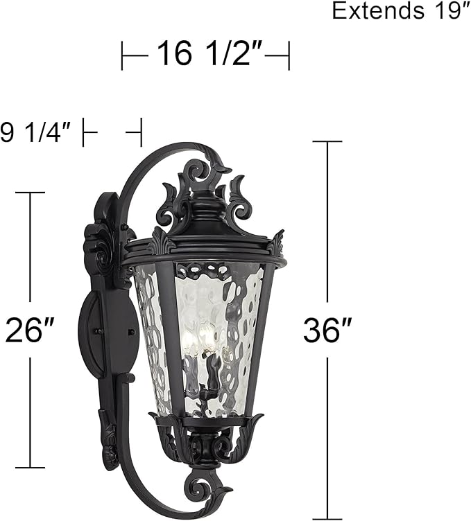 John Timberland Marseille Vintage Large Outdoor Wall Light Fixture Textured Black Scroll 36" Clear Hammered Glass for Exterior House Porch Patio Outside Deck Garage Yard Front Door Garden Home