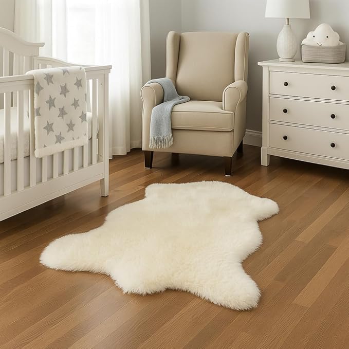Silky Soft Faux Fur Rug, 5 ft. x 7 ft. Ivory Fluffy Rug, Made in France, Sheepskin Area Rug, Shaggy Rug for Living Room, Bedroom, Kid's Room, or Nursery, Home Décor Accent with with Non-Slip Backing