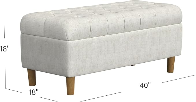 Homepop Home Decor | Tufted Ainsley Button Storage Ottoman Bench with Hinged Lid | Ottoman Bench with Storage for Living Room & Bedroom, Cream Textured Solid