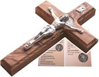 Holy Land Market Saint Benedict Wall Crucifix - Handmade Olive Wood & Metal Corpus, 10 Inch Religious Decor