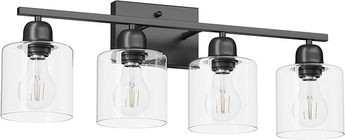 Modern 4 Light Bathroom Light Fixtures, 24 inch Black Vanity Lights for Bathroom with Clear Glass, Bathroom Vanity Light for Mirror Kitchen Living Room Hallway Cabinet Porch