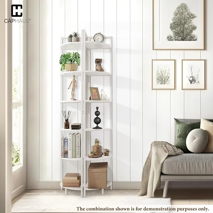 CAPHAUS 6 Tier Corner Shelf, 71.1-Inch Tall Bookshelf, Display Rack With Metal Frame, Round Shelf Unit, Stand for Bathroom, Living Room, Home, Office, White