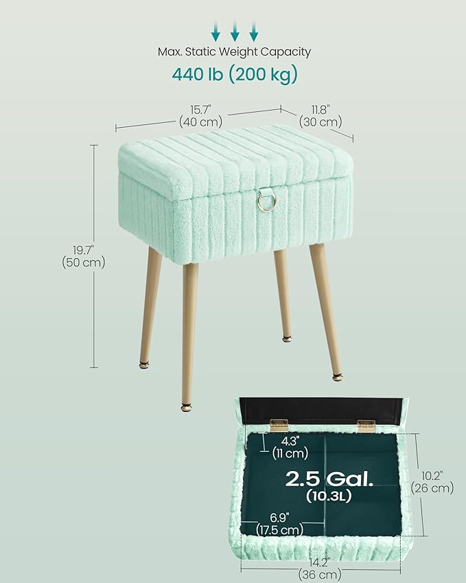 SONGMICS Vanity Stool Chair with Storage, Makeup Stool, Footrest Footstool Ottoman, Metal Legs, Adjustable Feet, for Living Room, Bedroom, Makeup Room, Moonlight Green ULOM505CZ02