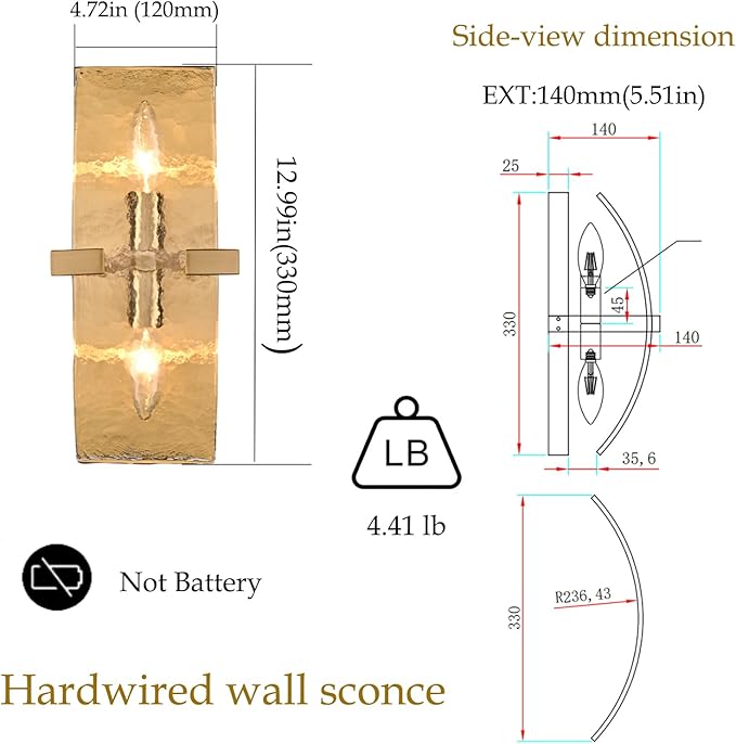 DANSEER 2-Light Modern Gold Wall Sconce - 13 Inch Hardwired Indoor Wall Light with Water Rippled Glass Shades and Gold Finish for Living Room, Bedroom, Kitchen, Hallway