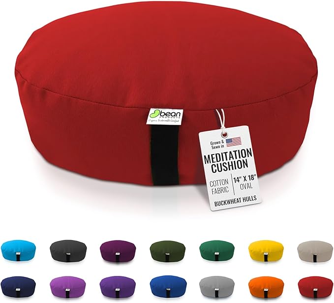 Bean Products Zafu Meditation Pillows for Sitting on Floor, Yoga Cushion, Cotton/Buckwheat Fill Yoga Pillow, Zafu Meditation Cushion, Zen Kneeling Prayer Pad- Made in USA - 14"x18" Oval - RED