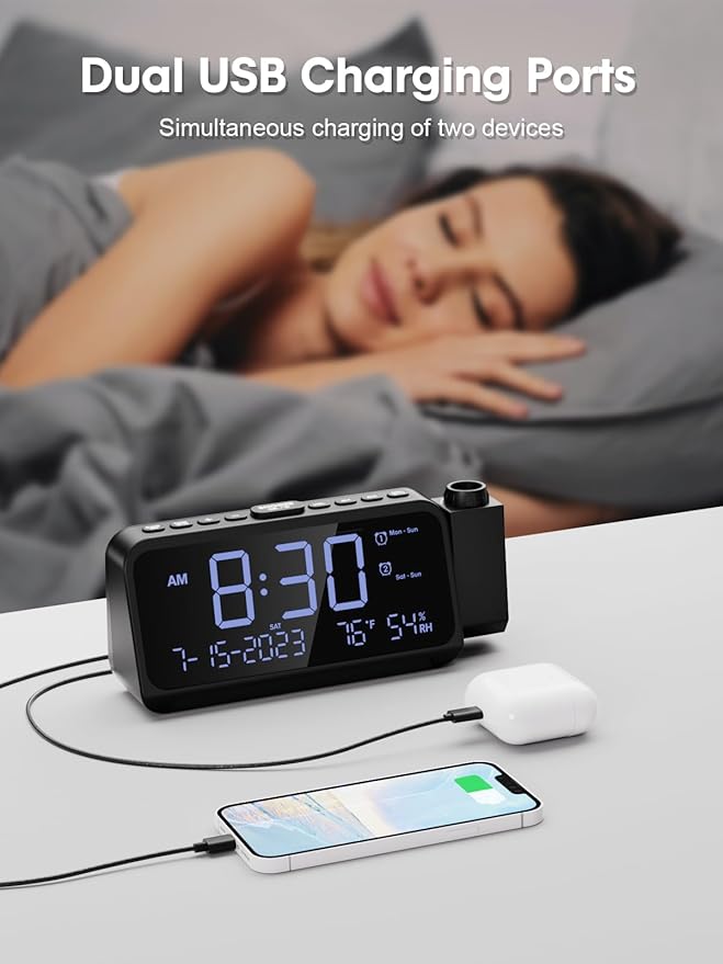 ROCAM Projection Alarm Clock, Digital Clock with 180° Projector on Ceiling Wall, Dual Loud Alarm Clocks for bedrooms with Weekday/Weekend Mode,2 USB Ports, Dimmer, Temp, Humidity, Night Light, Snooze