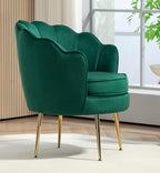 Velvet Barrel Accent Chair with Scalloped Silhouette and Gold Metal Legs, Decorative Piece Suitable for Traditional, Modern, and Contemporary Spaces, Green
