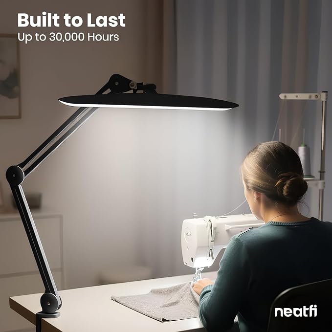 Neatfi XL Nail Desk Lamp with Clamp, 2200 Lumens, 20-Inch Wide Head, Dimmable 4 Levels, 3 Color Modes 3000K–6000K, LED Task Light for Manicure Table, Crafts, Workbench, Office (CCT, Black)