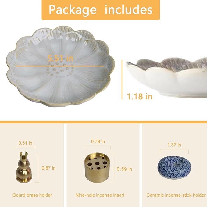 Ceramic Incense Holder Bowl with Brass Burner for Incense Sticks, 5.51 Inch Handmade Incense Burner Ash Catcher for Coil, Sage Cones, Palo Santo, Smudge Bowl for Yoga Meditation Room Décor (White)