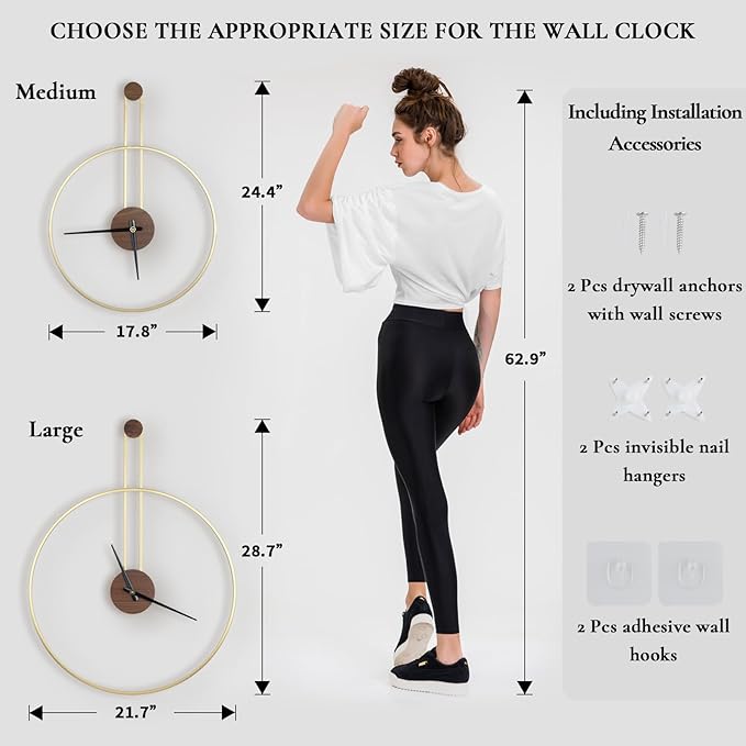 Modern Wall Clock, Large 21.7''×28.7'', Walnut Dial, Silent Non-Ticking Metal Clock for Home Decor, Gold