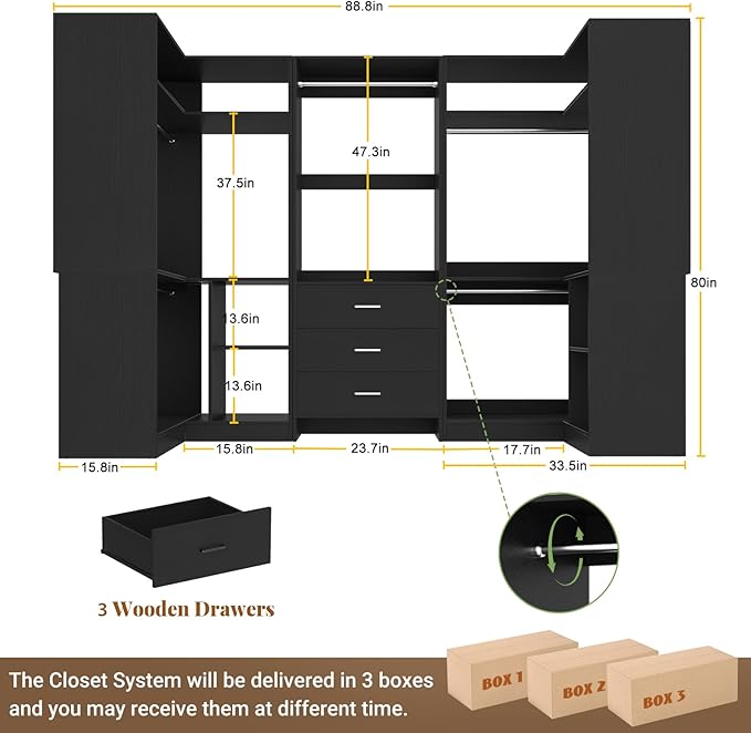 Aheaplus Closet System with 3 Drawers, 5 Hanging Rods & Corner Tower, Corner Closet System with Hanging, 88.8" U-Shaped Walk-In Wardrobe Organizer, 2000+ lbs Capacity, Set of 3, Black