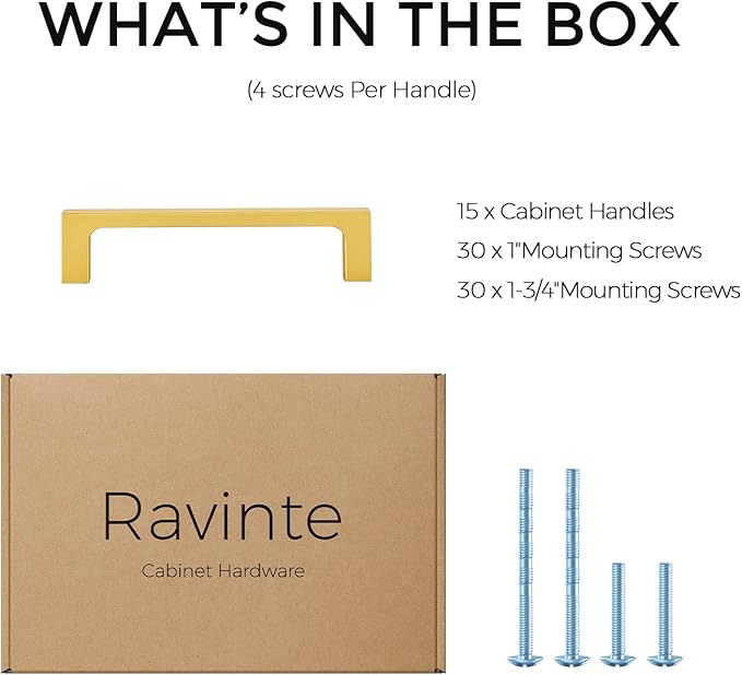 Ravinte 15 Pack Solid 4 Inch Kitchen Square Cabinet Handles Brushed Brass Cabinet Pulls Drawer Pulls Kitchen Cupboard Hardware Handles