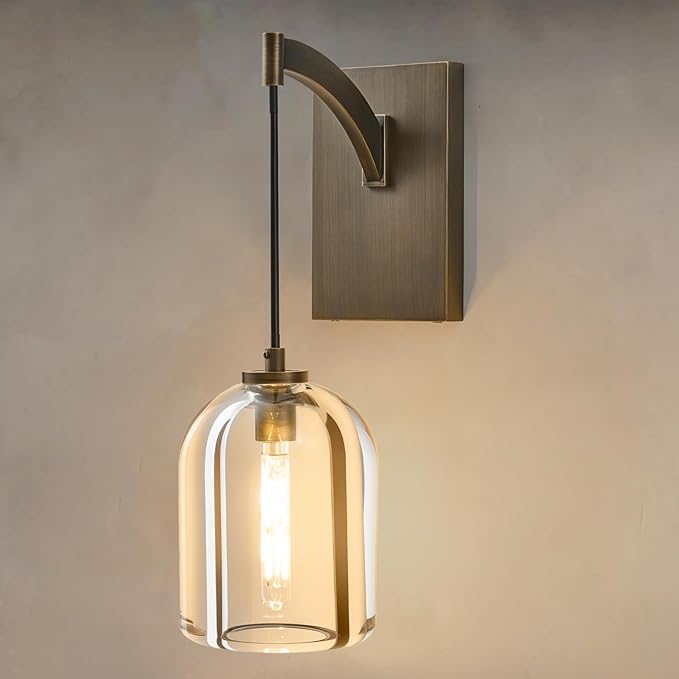 Crystal Brass Hemisphere Wall Sconce - Luxury Antique Brushed Lighting Fixture with K9 Crystals Cloche - Modern Gold Sconces - Dimmable Indoor Hanging Light for Bathroom Living Room Stair
