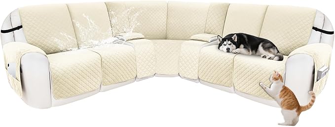 Recliner Sofa Covers 100% Waterproof Velvet L Shape Recliner Couch Covers for Dogs Pets Washable Anti Slip Recliner Slipcovers with Pockets (5 Seat Sofa with 2 Console, Ivory White)