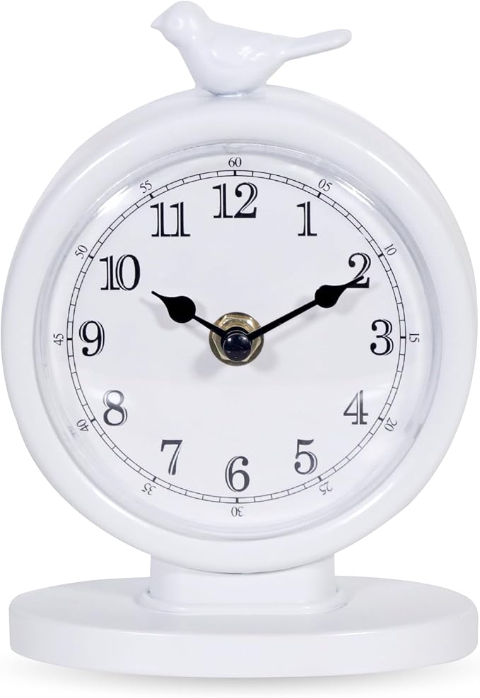 Mantel Clock, Classic Vintage Clocks and Decorative Shelf Decor, Silent Analog Desk Clocks with Light Vintage Metal Table Clock for Living Room Shelf Bedside Home Decor (White)