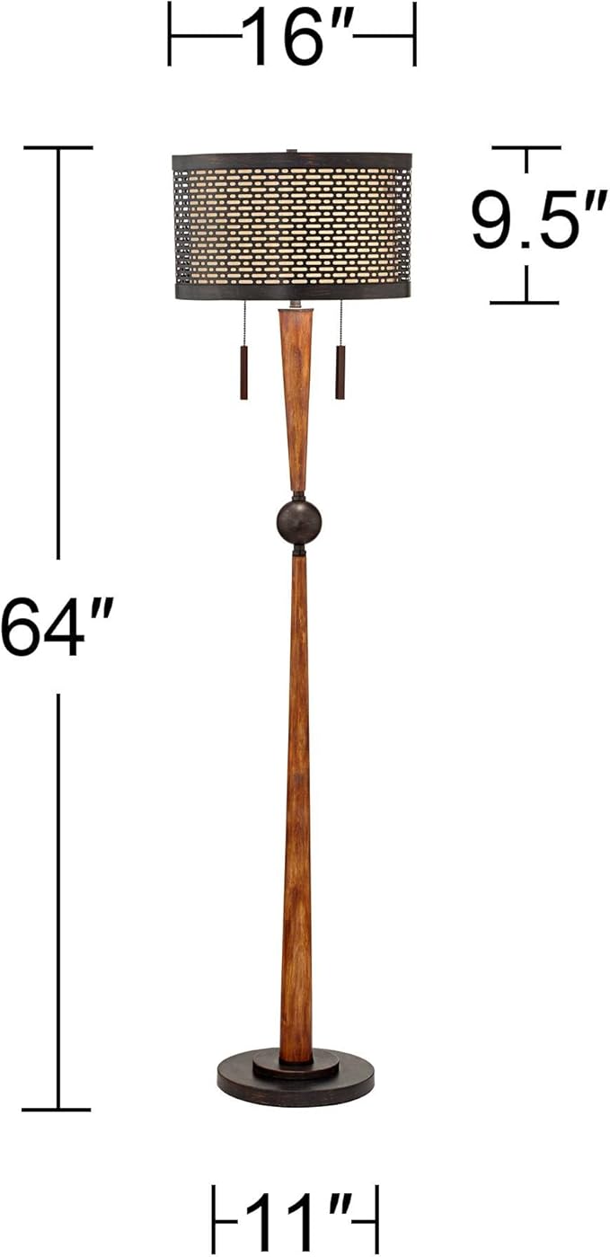 Franklin Iron Works Hunter Modern Mid Century Farmhouse Rustic Floor Lamp 64" Tall Bronze Cherry Wood Perforated Metal Cream Linen Double Drum Shade for Living Room Reading Bedroom Office House