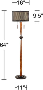Franklin Iron Works Hunter Modern Mid Century Farmhouse Rustic Floor Lamp 64" Tall Bronze Cherry Wood Perforated Metal Cream Linen Double Drum Shade for Living Room Reading Bedroom Office House