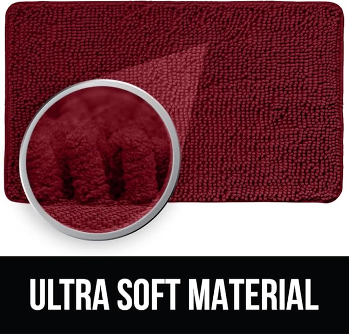 KANGAROO Bathroom Rugs, Chenille Soft Absorbent Bath Rug, Shaggy Shower Mat, Quick Dry Machine Wash Bathmat, Plush Carpet Mats for Tub, Bathtub and Room Home Decor Accessories, 36x24, Red
