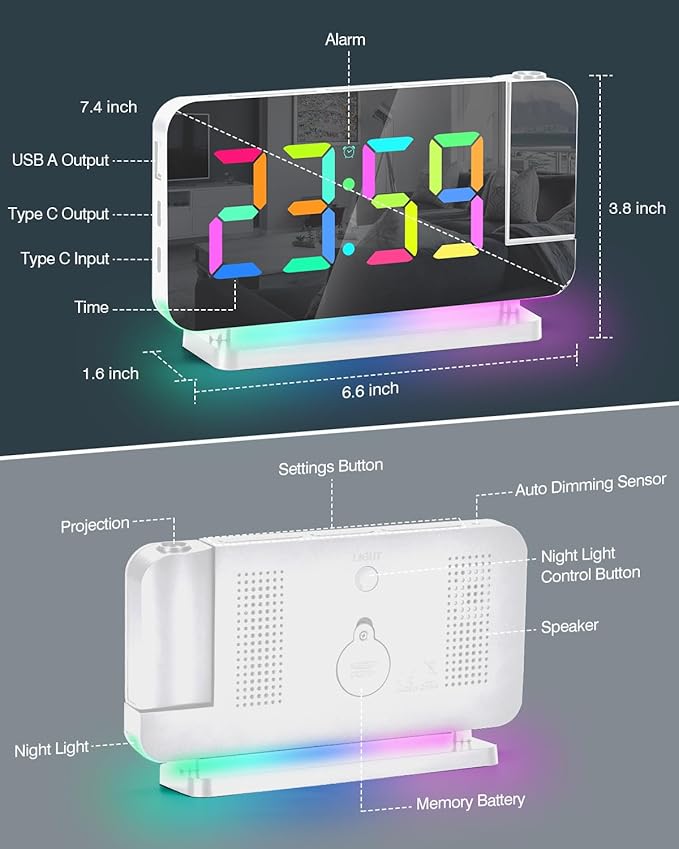 SZELAM Projection Alarm Clock,7.4" LED Mirror Digital Clocks Large Display,with 180° Rotatable Projector,RGB Night Light,USB C Port,Auto Dimming,Modern Desk Clock for Bedroom Decor - White