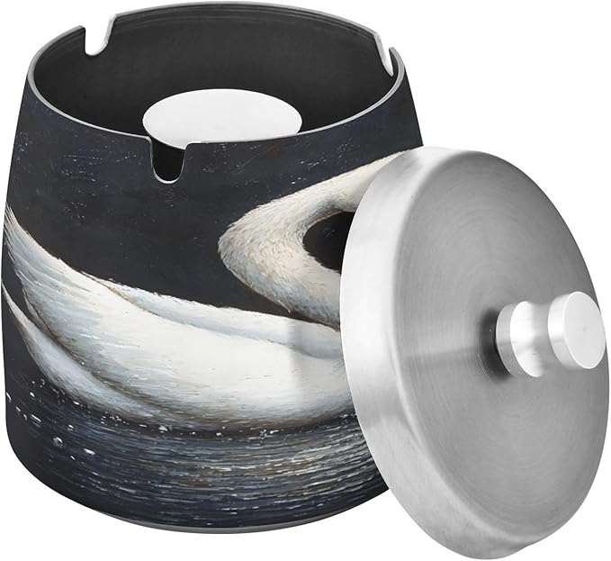 Swans Ashtray with Lid, Outdoor Ashtrays for Patio, Stainless Steel Ashtray Odorless Smokeless for Home Office Balcony